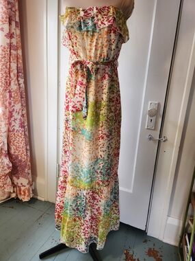 The Limited Strapless Ruffle Rainbow Splatter Maxi Dress